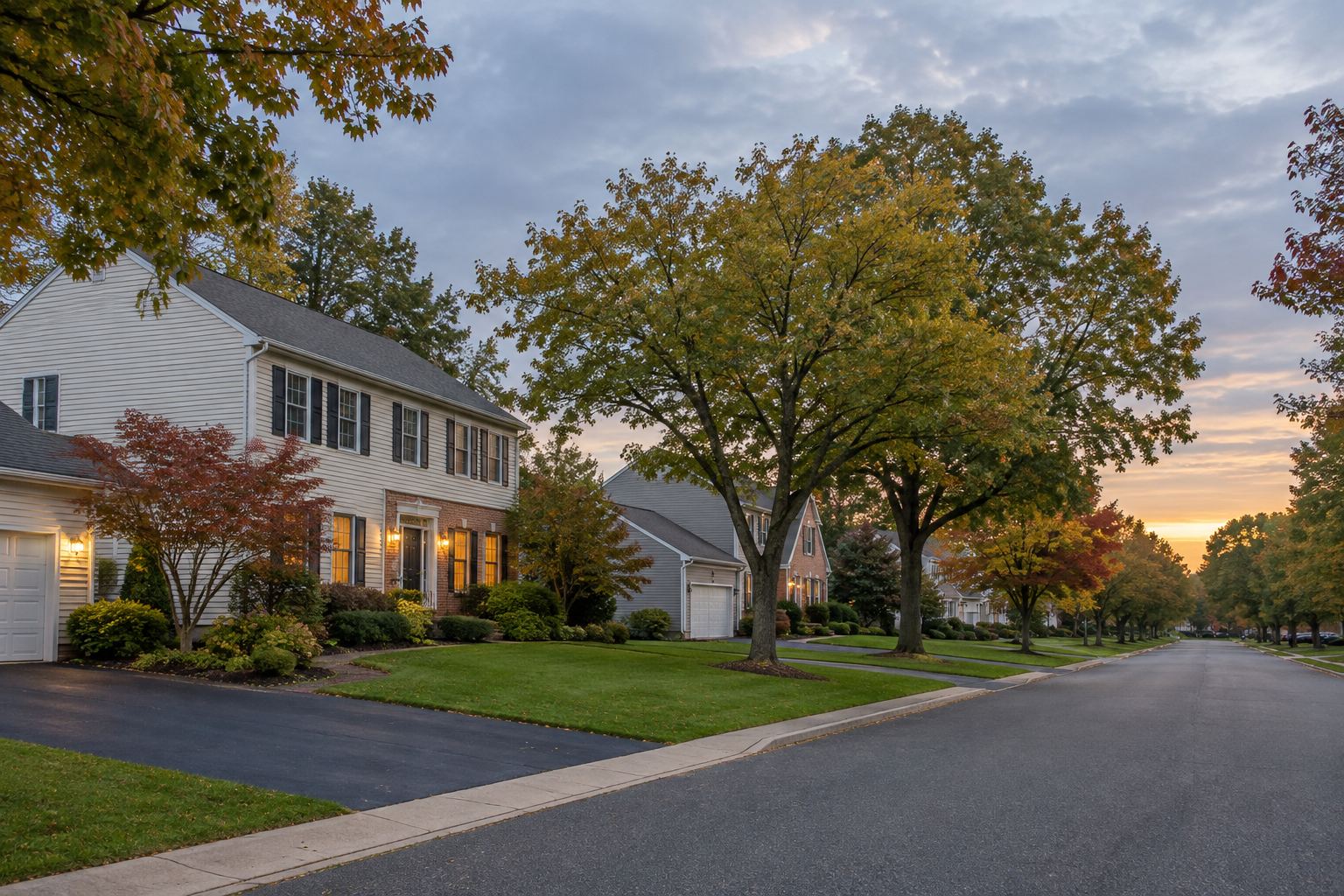A North Brunswick residential street at sunset, illustrative