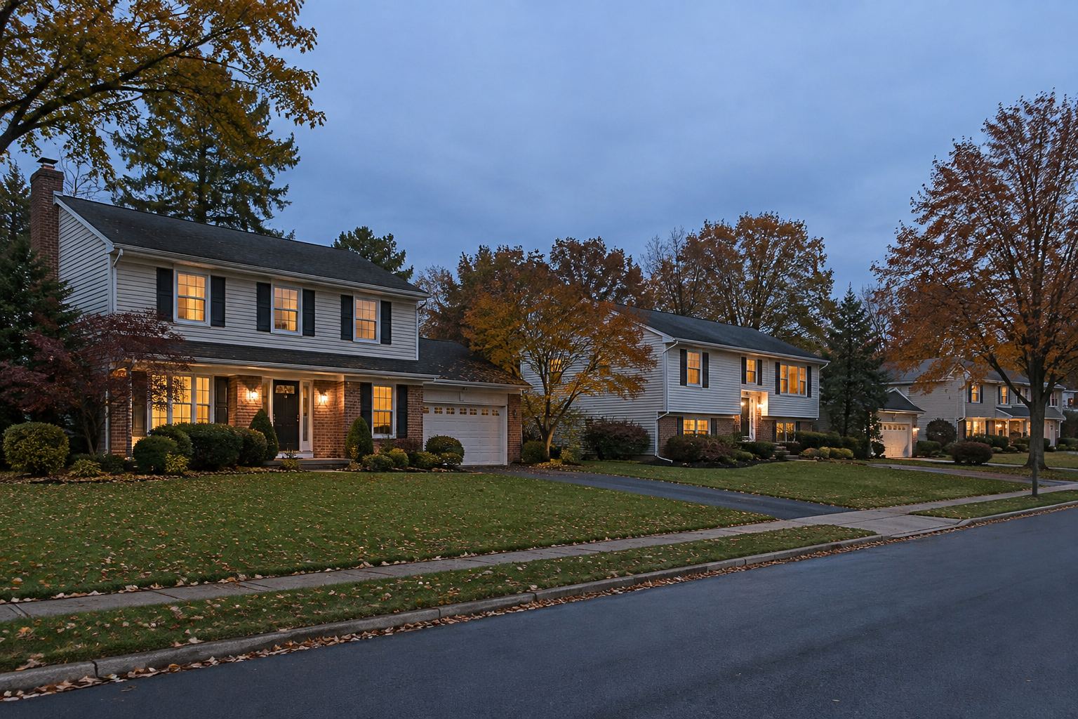 A Central New Jersey home at dusk, illustrative