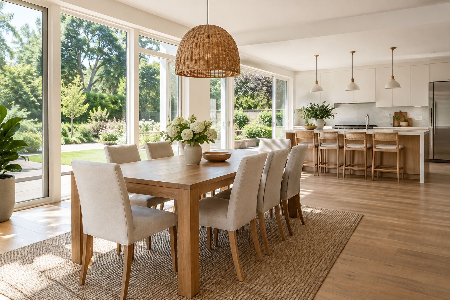 A bright dining room, illustrative